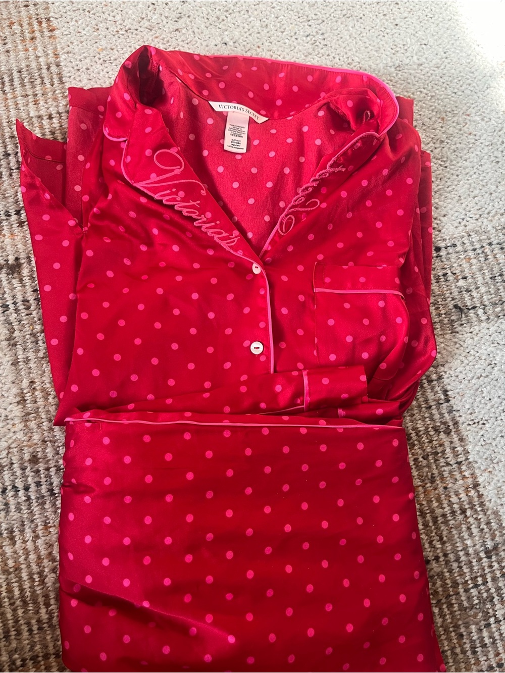 Victoria's Secret Red and Pink Polka Dot Satin Pajama Set valentines
